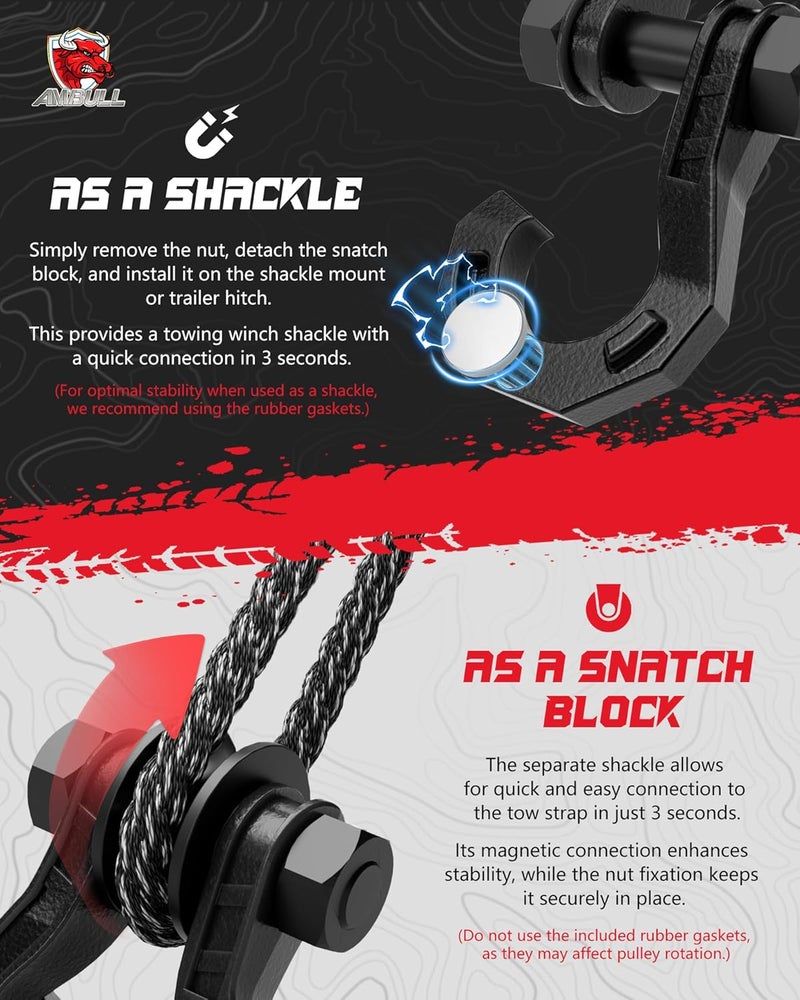 AMBULL D Ring Separate Shackle with Snatch Block, 3/4" Easy Open Shackles w/Snatch Block Pulley, Heavy Duty Shackle for Towing Winch, Pulley for Off-Road Vehicle Recovery, Truck, ATV, UTV, BlackBlack - Image 4